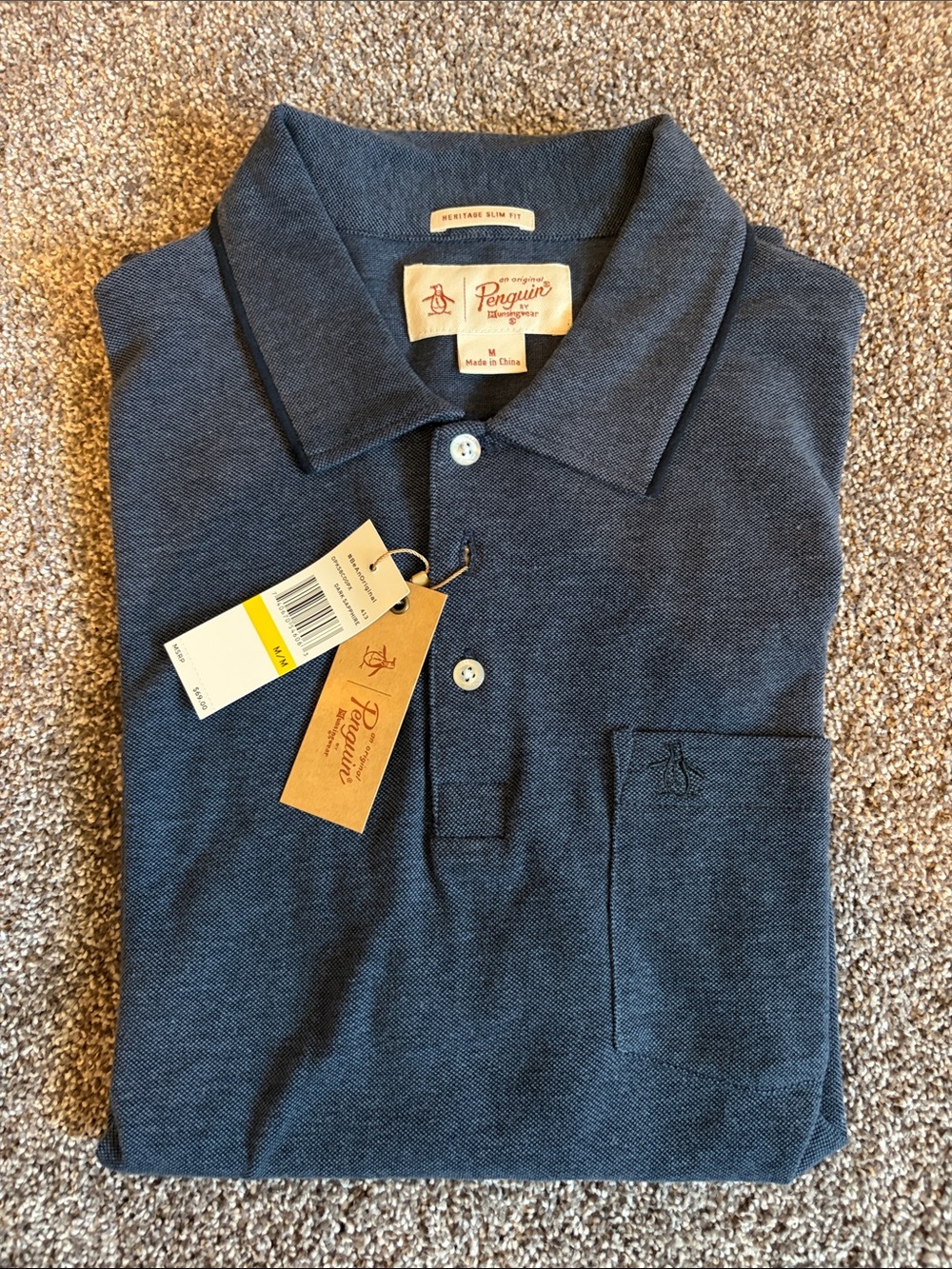 NWT! Original Penguin Men's Dark Blue Pique Polo with Chest Pocket